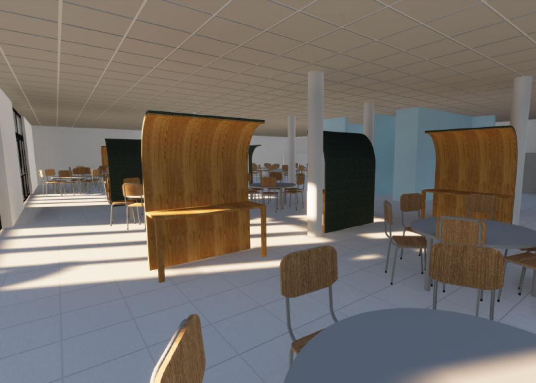 Espace avec des tables pour manger dans une cantine